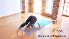  Presentation with gym - PPT layouts with middle-age-beautiful-sportwoman-smiling background and a coral colored foreground