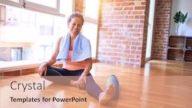  Presentation with exercise - Cool new presentation theme with middle-age-beautiful-sportwoman-smiling backdrop and a coral colored foreground