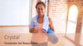  Presentation with exercise mat - Presentation enhanced with middle-age-beautiful-sportwoman-smiling background and a lemonade colored foreground