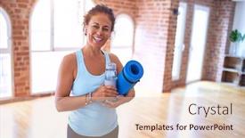  Presentation with exercise mat - Slide set consisting of middle-age-beautiful-sportwoman-smiling background and a lemonade colored foreground