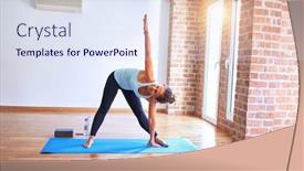  Presentation with triangle - Slide deck featuring middle-age-beautiful-sportwoman-smiling background and a sky blue colored foreground