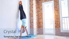  Presentation with gym - PPT theme featuring middle-age-beautiful-sportwoman-smiling background and a light blue colored foreground