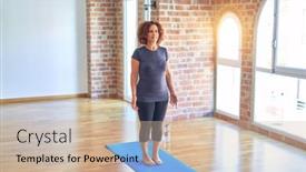  Presentation with gym - Audience pleasing PPT theme consisting of middle-age-beautiful-sportwoman-standing backdrop and a soft green colored foreground