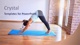  Presentation with gym - PPT theme with middle-age-beautiful-sportwoman-standing background and a sky blue colored foreground