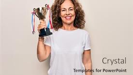 Presentation with trophy - Colorful presentation enhanced with middle-age-beautiful-successful-woman backdrop and a soft green colored foreground