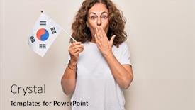  Presentation with korean flag - PPT theme having middle-age-beautiful-tourist-woman background and a soft green colored foreground