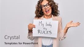  Presentation with women rights - Theme having middle-age-beautiful-woman-asking background and a light gray colored foreground