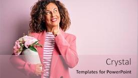  Presentation with flowers vase - Presentation theme enhanced with middle-age-beautiful-woman-holding background and a lemonade colored foreground