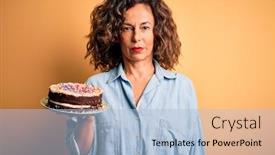  Presentation with cake - Audience pleasing PPT theme consisting of middle-age-beautiful-woman-holding backdrop and a light blue colored foreground