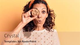  Presentation with cookie - PPT theme featuring middle-age-beautiful-woman-holding background and a coral colored foreground