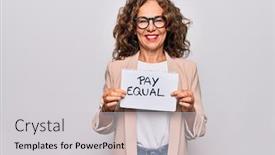  Presentation with pay - Audience pleasing presentation theme consisting of middle-age-beautiful-woman-holding backdrop and a light gray colored foreground