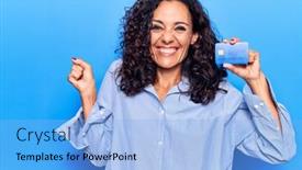  Presentation with credit card - Beautiful theme featuring middle-age-beautiful-woman-holding backdrop and a light blue colored foreground
