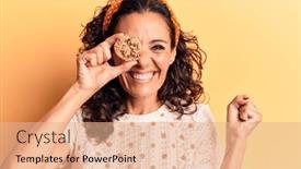  Presentation with cookie - Presentation design having middle-age-beautiful-woman-holding background and a coral colored foreground