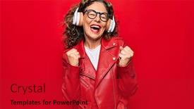  Presentation with listening woman - Colorful presentation theme enhanced with middle-age-beautiful-woman-listening backdrop and a crimson colored foreground