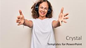  Presentation with middle east camel caravan - Presentation consisting of middle-age-beautiful-woman-listening background and a soft green colored foreground