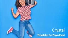  Presentation with blue music - Beautiful slide deck featuring middle-age-beautiful-woman-smiling backdrop and a teal colored foreground