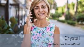  Presentation with park - PPT theme featuring middle-age-beautiful-woman-talking background and a light blue colored foreground