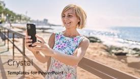  Presentation with sea - PPT theme enhanced with middle-age-beautiful-woman-using background and a coral colored foreground