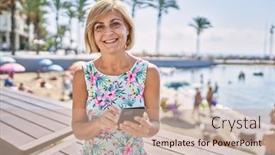  Presentation with sea - PPT theme featuring middle-age-beautiful-woman-using background and a  colored foreground