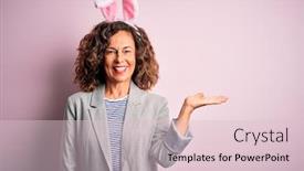  Presentation with hand palm - Cool new slides with middle-age-beautiful-woman-wearing backdrop and a lemonade colored foreground