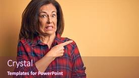  Presentation with forefinger - Amazing PPT theme having middle-age-beautiful-woman-wearing backdrop and a tawny brown colored foreground