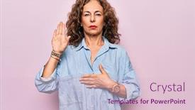  Presentation with hand palm - Colorful slide set enhanced with middle-age-beautiful-woman-wearing backdrop and a lemonade colored foreground