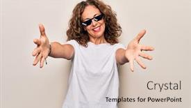  Presentation with happiness in life - PPT theme with middle-age-beautiful-woman-wearing background and a soft green colored foreground