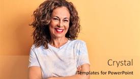  Presentation with camera - PPT theme enhanced with middle-age-beautiful-woman-wearing background and a coral colored foreground