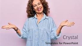  Presentation with woman hands open - Beautiful PPT theme featuring middle-age-beautiful-woman-wearing backdrop and a light blue colored foreground