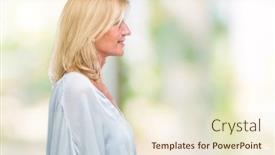  Presentation with business profile - Beautiful presentation theme featuring middle age blonde business woman over isolated background looking to side relax profile pose with natural face with confident smile backdrop and a lemonade colored foreground