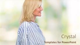  Presentation with business profile - Colorful slide deck enhanced with middle age blonde business woman over isolated background looking to side relax profile pose with natural face with confident smile backdrop and a cream colored foreground