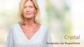  Presentation with simple business - Slides featuring middle age blonde business woman over isolated background with serious expression on face simple and natural looking at the camera background and a cream colored foreground