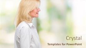  Presentation with business profile - Slide deck with middle age blonde business woman over isolated background looking to side relax profile pose with natural face with confident smile background and a lemonade colored foreground