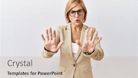  Presentation with moving business - Presentation design with middle-age-blonde-business-woman background and a coral colored foreground