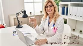  Presentation with drinking water - Presentation theme enhanced with middle-age-blonde-doctor-woman background and a soft green colored foreground