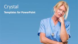  Presentation with nurse thinking - Presentation featuring middle age blonde nurse surgeon doctor woman over isolated background thinking looking tired and bored with depression problems with crossed arms background and a teal colored foreground
