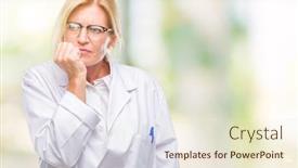  Presentation with nails - Slides having middle age blonde therapist woman wearing white coat over isolated background looking stressed and nervous with hands on mouth biting nails anxiety problem background and a lemonade colored foreground