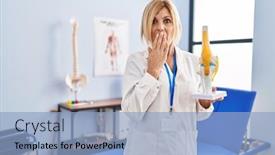  Presentation with joint - Presentation with middle-age-blonde-traumatologist-woman background and a light blue colored foreground