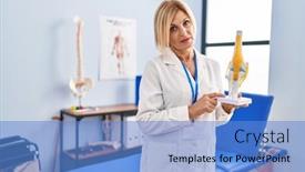  Presentation with joint - PPT theme with middle-age-blonde-traumatologist-woman background and a teal colored foreground