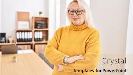  Presentation with worker - Theme having middle-age-blonde-woman-business background and a yellow colored foreground