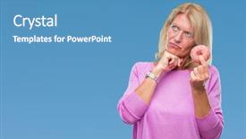  Presentation with questions question marks idea - Slides featuring middle age blonde woman eating background and a teal colored foreground