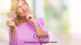  Presentation with snicker chocolate bar - Colorful PPT layouts enhanced with middle age blonde woman eating backdrop and a lavender colored foreground