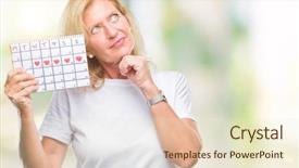  Presentation with blonde holding magnifying glass - Theme enhanced with middle age blonde woman holding background and a cream colored foreground