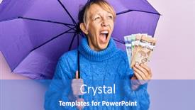  Presentation with canadian - Audience pleasing slide deck consisting of middle-age-blonde-woman-holding backdrop and a teal colored foreground