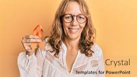  Presentation with awareness - Beautiful slide set featuring middle-age-blonde-woman-holding backdrop and a coral colored foreground