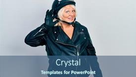  Presentation with listening woman - Presentation design having middle-age-blonde-woman-holding background and a ocean colored foreground