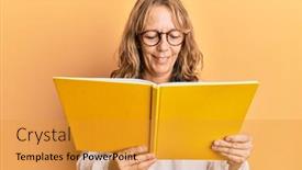  Presentation with book glasses - Beautiful slide deck featuring middle-age-blonde-woman-reading backdrop and a gold colored foreground