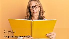  Presentation with book glasses - Presentation design consisting of middle-age-blonde-woman-reading background and a gold colored foreground