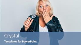 Presentation with microphone - PPT theme with middle-age-blonde-woman-singing background and a ocean colored foreground