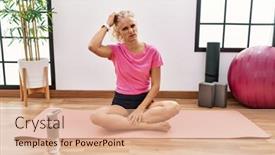  Presentation with question - PPT layouts having middle-age-blonde-woman-sitting background and a coral colored foreground